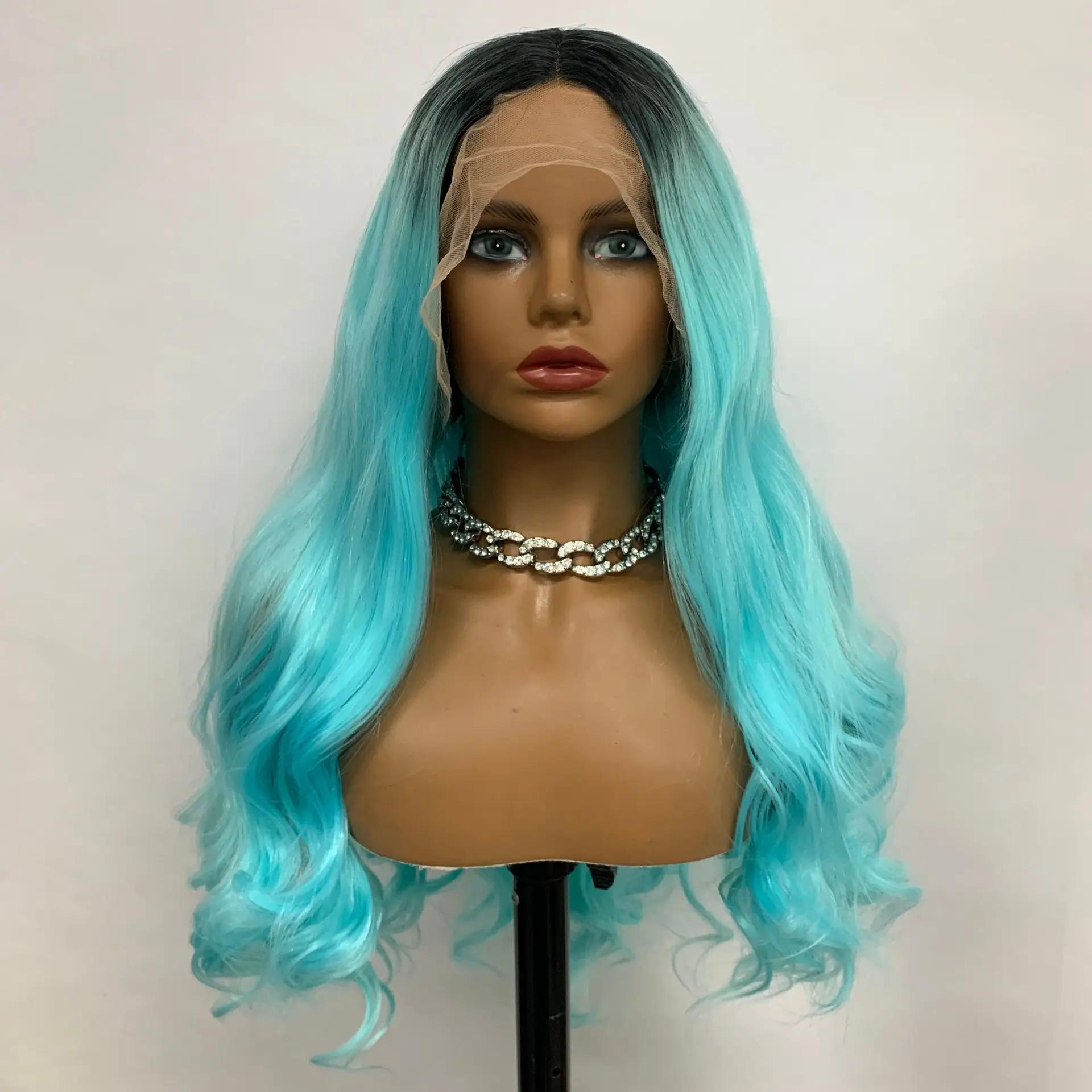 

Aiva Black Roots Blue Synthetic 13x4 Lace Front Wig Long Body Wave Drag Queen Heat Resistant Glueless Cosplay Wigs For Women