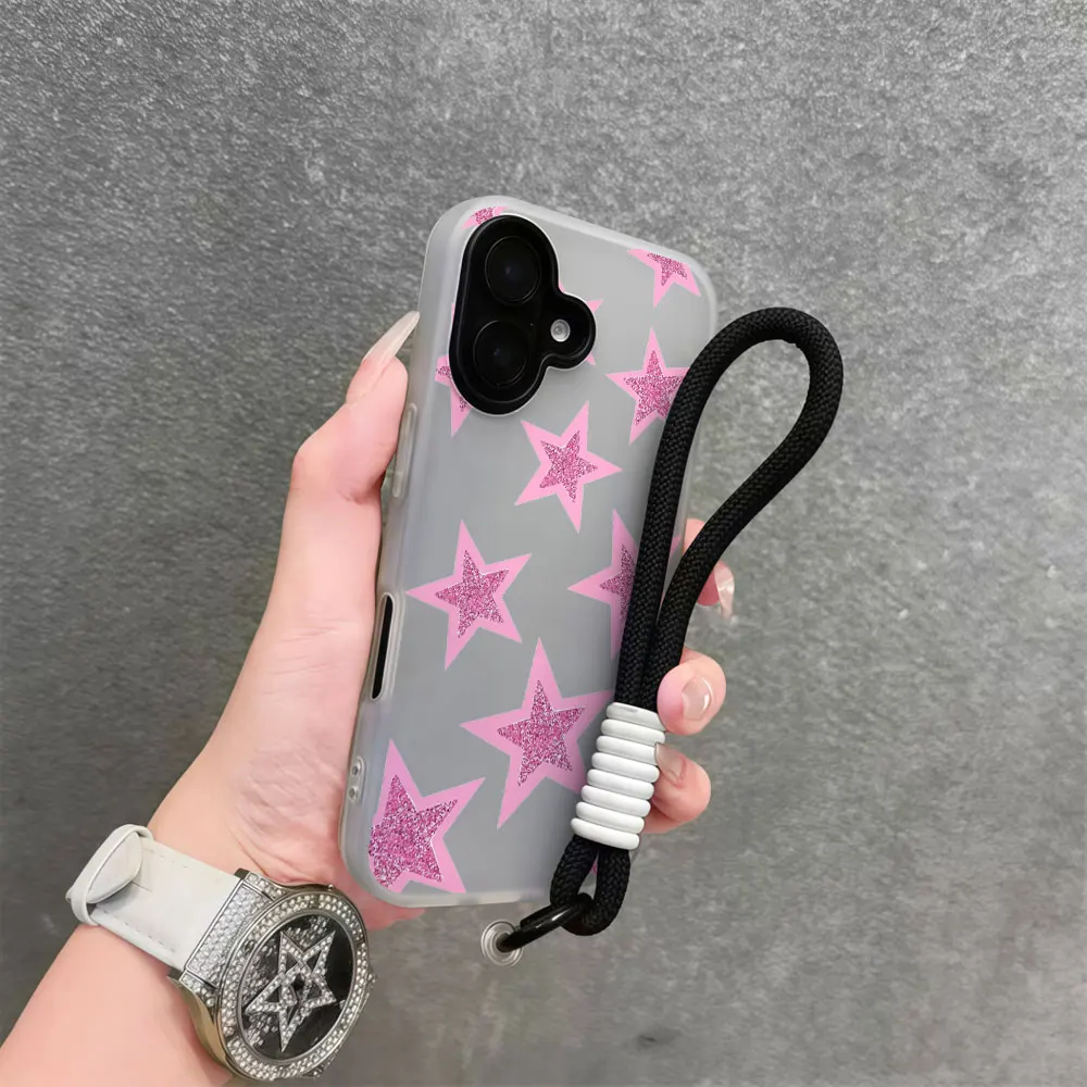 Phone Case For iPhone17 Pro Max 16 13 12 15 14 11 Pro Max Air XS XR 16 14 7 15 8 Plus X Pink Star INS Lanyard Wrist Strap Cover view 4