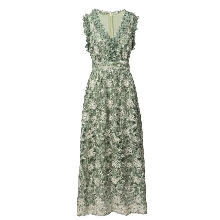 

Summer 2025 new styles of European and American women's clothing Sleeveless V-neck mesh embroidered sequined dress