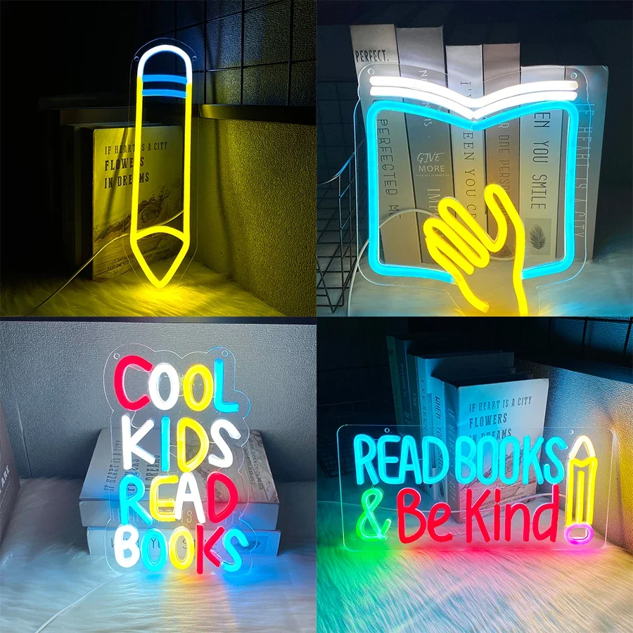 

, светодиодный карандашный неоновый свет для подвесного декора читальной комнаты, крутые детские книги для чтения, неоновые вывески, библиотечный класс, уголок для чтения, декор для спальни