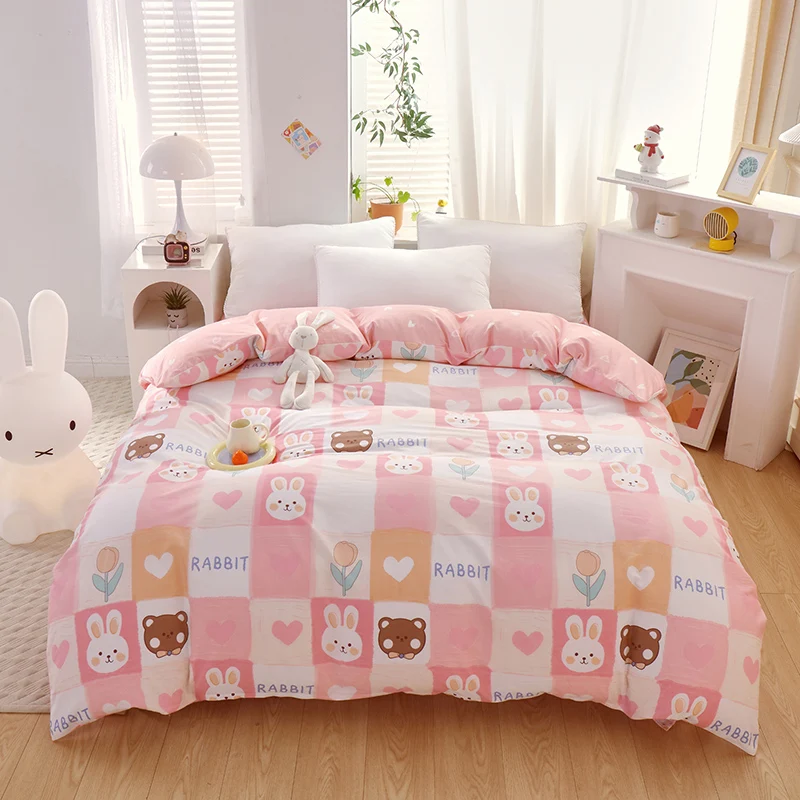 Lovely Grid Cotton Duvet Cover Floral Bedding Comforter Covers Kawaii Cartoon Bunny Bears Comforter Cover Soft for Girls Kids