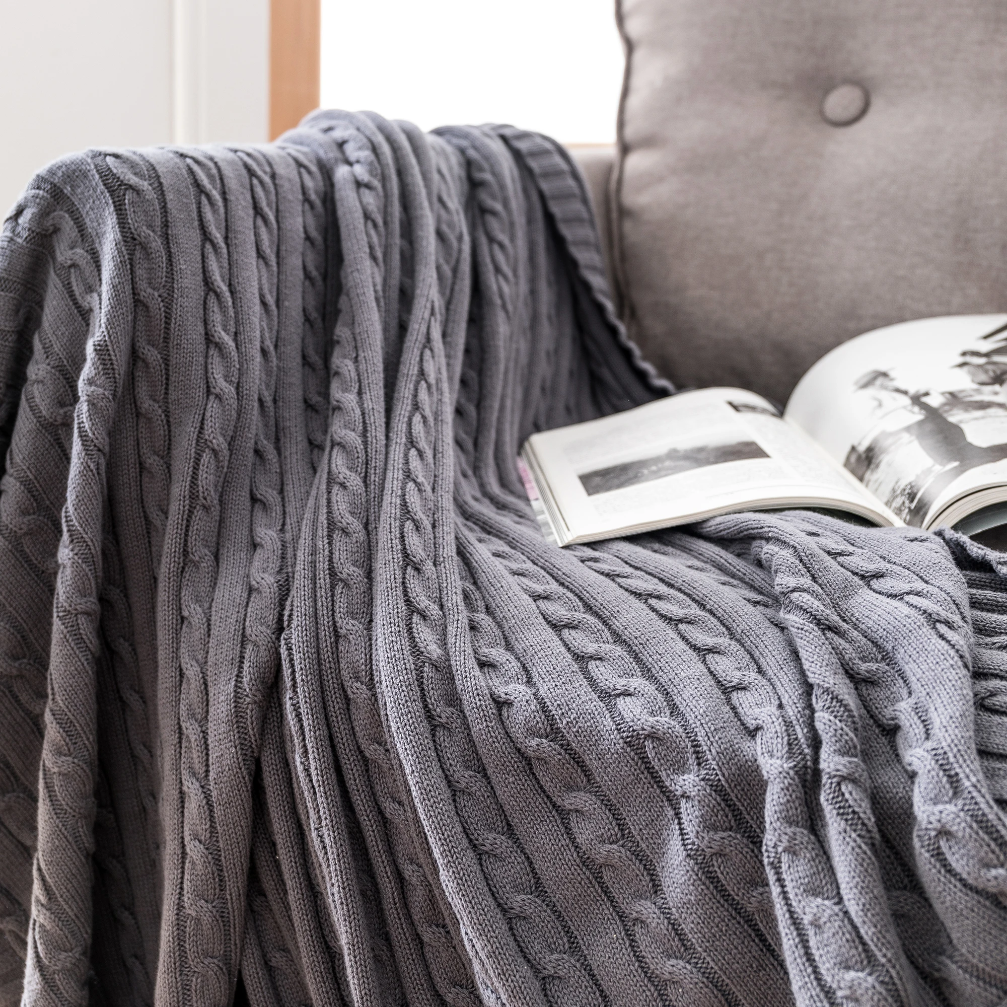 Battilo Cotton Knitted Throw Blanket Soft Cozy Cable Knit Sofa Throws Large Heavyweight Decorative Blanket for Twin Queen Bed