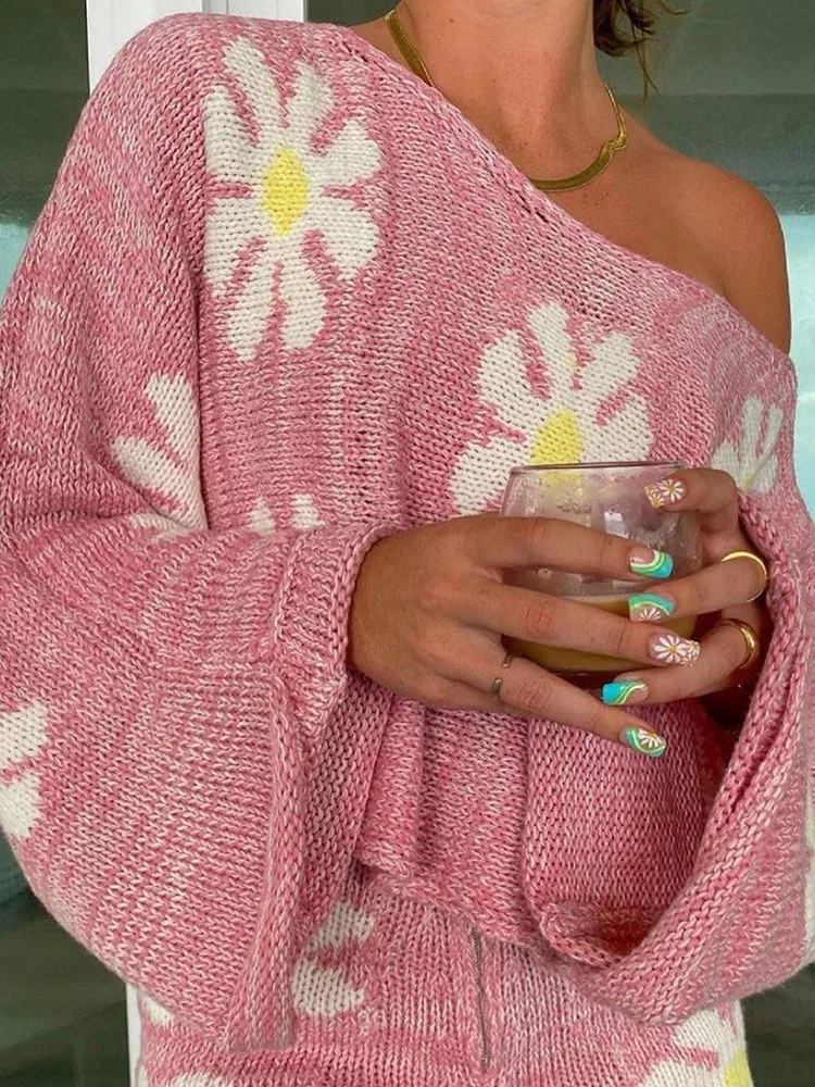 

Осенний вязаный женский комплект из 2 предметов, повседневный милый свитер с цветочным принтом, спортивный костюм с шортами, зимний свободный костюм с длинными рукавами