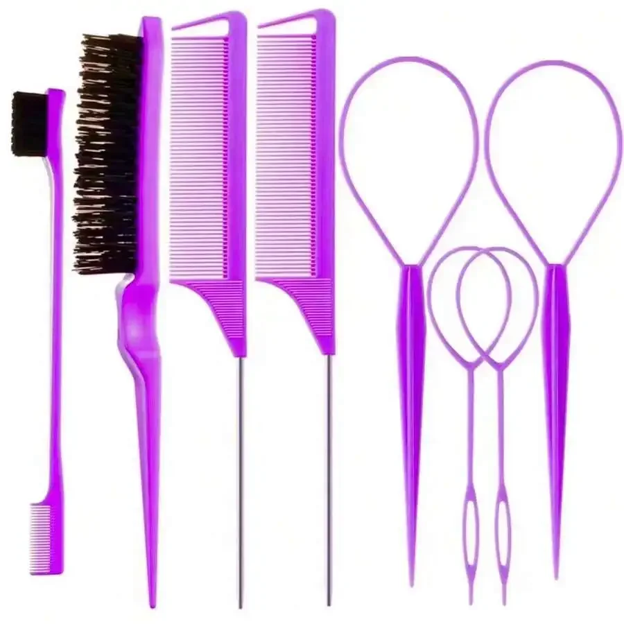 

8Pcs Purple Hair Styling Kit With Teasing Brush Edge Control And Rat Tail Combs