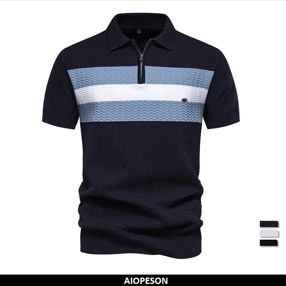 2024 New Summer Textured Ribbed Knit Polo Shirt for Men Short Sleeve Breathable and Cool Mens Polo Shirts