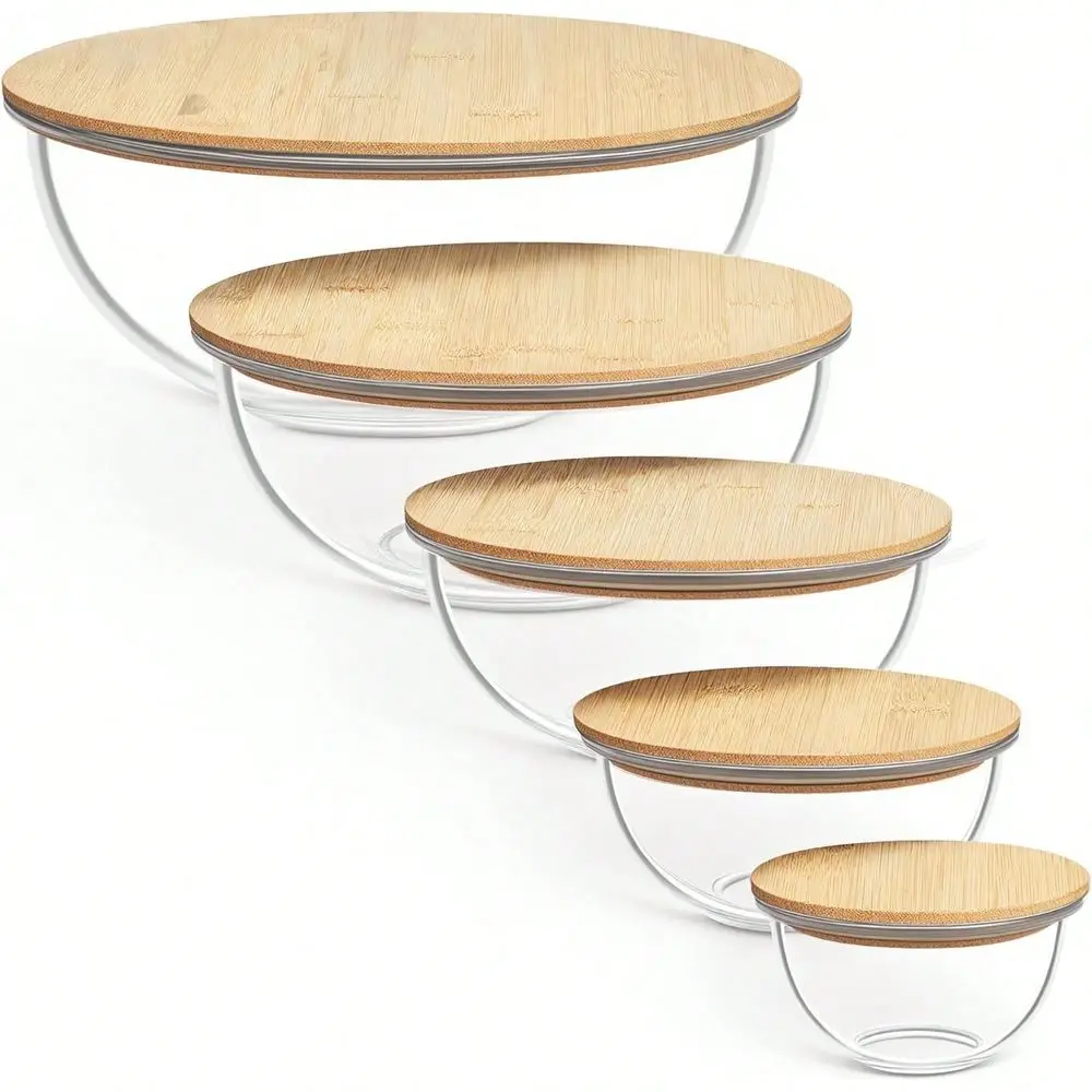 

5 Pa Glass Mixing Bowls With Bboo Lids Set 3.75 2.1 1.1 0.5 0.2 QT, Salad Bowl Set, Nesting Kitchen Bowls For Serving, Prepping