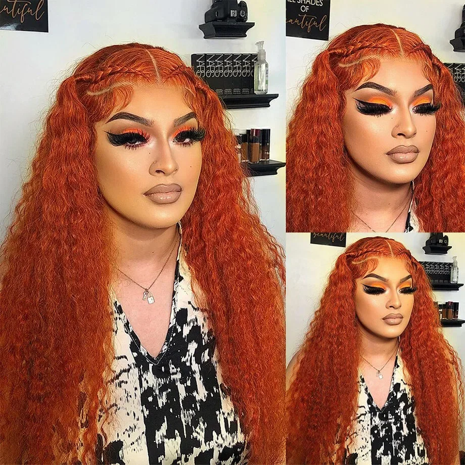 13x6 Deep Wave Lace Front Human Hair Orange 200 Density Curly Ginger Brazilian Hair Lace Frontal Wig  For Black Women