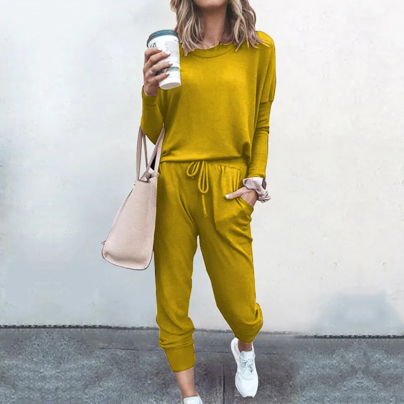 Casual Sports sets for women 2 pieces Solid Color Round Neck T-shirt Bottoming Shirt + Casual Fashion Trousers Set