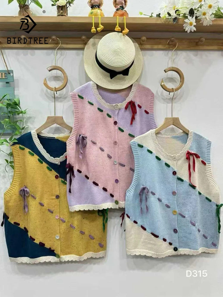 

New 2025 Autumn Cotton Vest, Women O Neck Bow Patchwork, Mori Girl French Sweet Commute Chic Loose Knit Cardigan Vest C59453CC