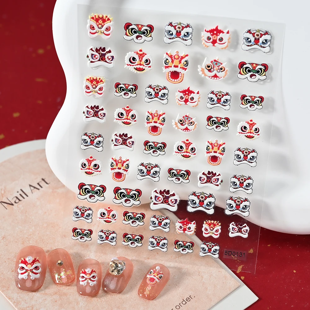 1pcs 5D Embossed Lion Dance Nail Art Sticker Chinese Traditional Cartoon Lion Head Nail Decals New Year Women Manicure Accessory