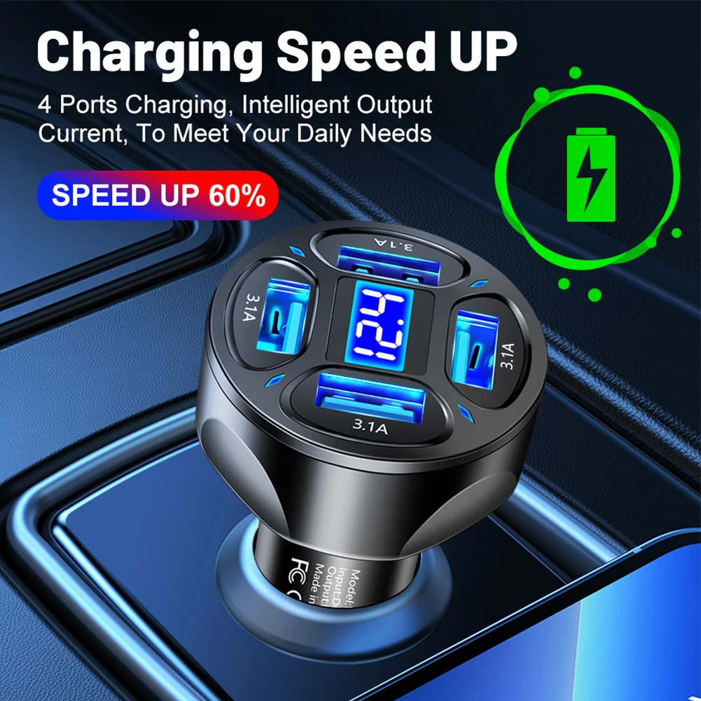 Four Ports USB Car Charger Adapter LED Display 3.1A Fast Charging Accessories Quick Car Chargers Phone Charger 12V/24V Socket