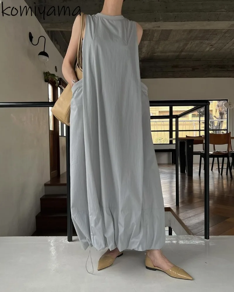 

Japan Women 2024 Dress Drawstring Hem Vestidos Loose Comfortable Double Pockets Vestido Summer Tank Dresses Sleeveless Robes