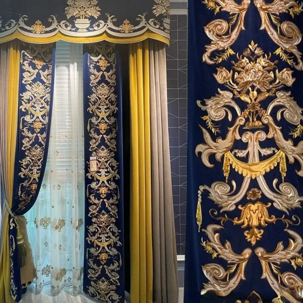 

Европейские индивидуальные синие вышитые экраны, бархатные утолщенные шторы для гостиной, спальни, виллы, французского окна