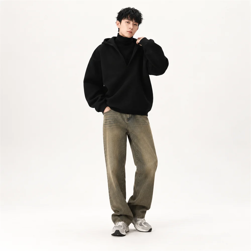 Unisex Faux Layered Deep V Neck Hoodie Relaxed Fit Casual Streetwear Sweatshirt