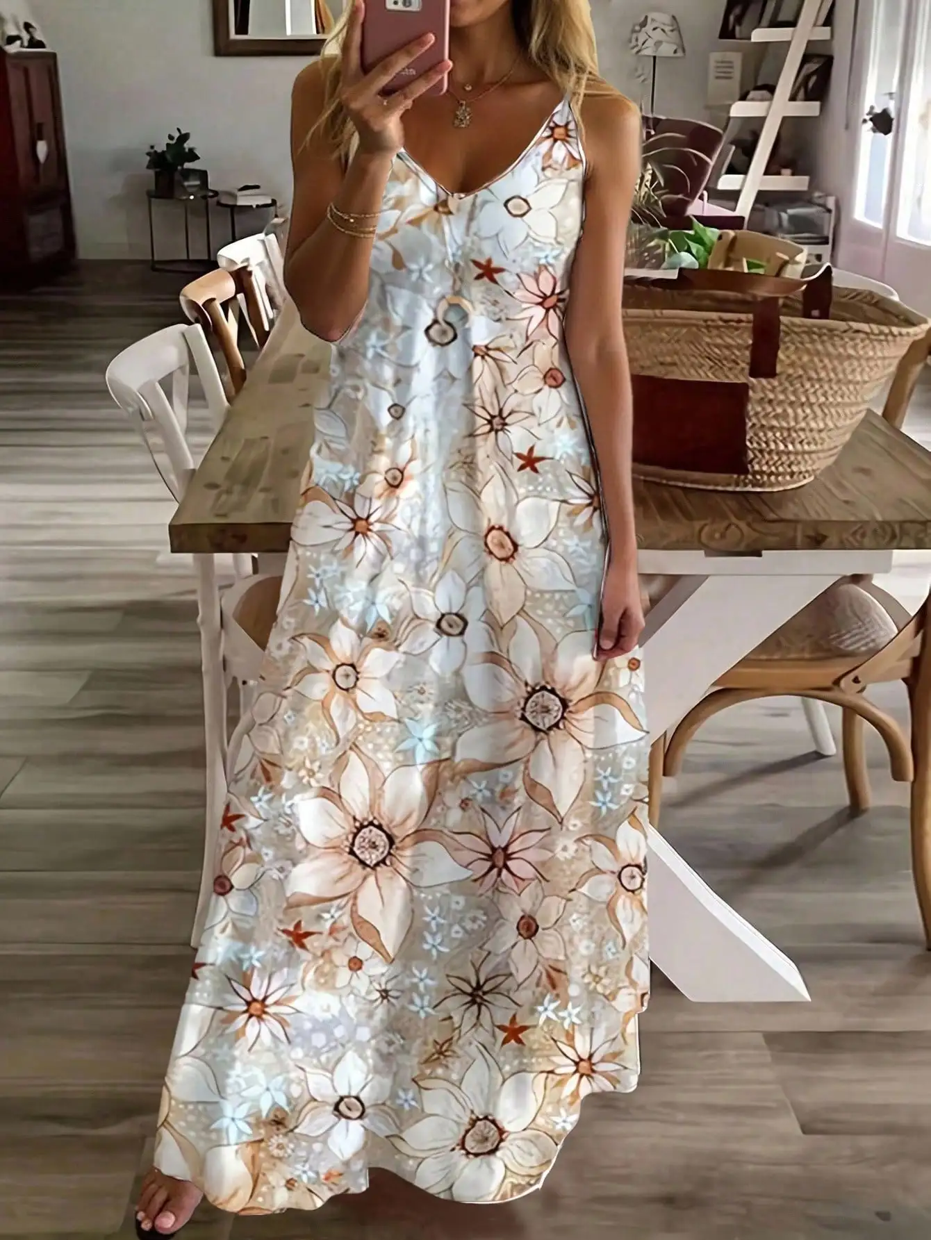 

Floral Print Maxi Dress for Women - Summer Vacation V-Neck Sleeveless Bohemian Style