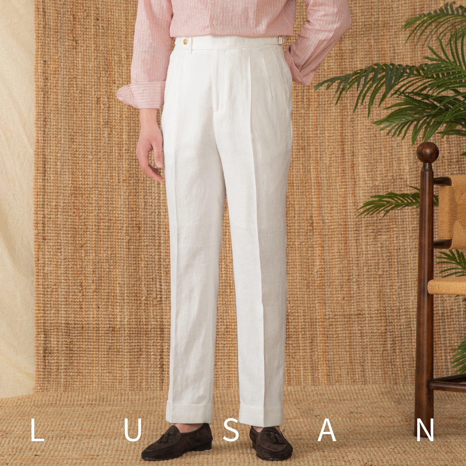 Summer Italian Naples Breathable 100 Linen High Waist Straight Loose Pants Casual Pants for Men