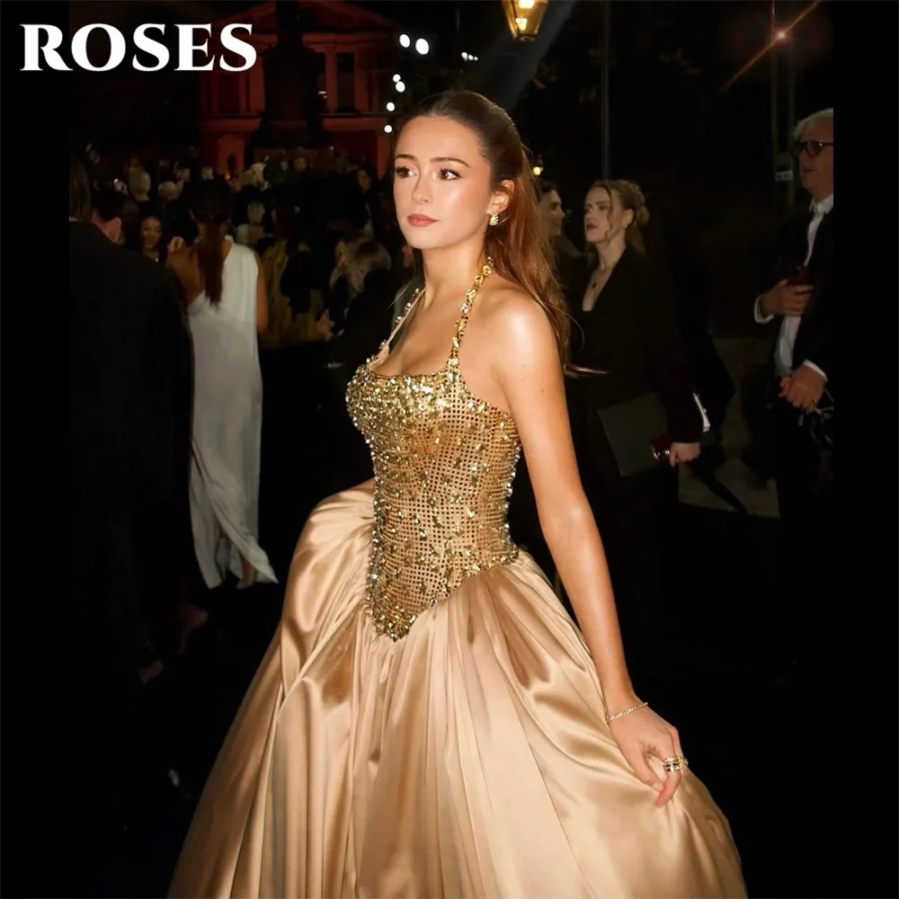 

ROSES Champagne Gold Elegant Prom Dresses Halter Neck A Line Satin Celebrity Dress with Beaded Sequin Evening Dress Customized