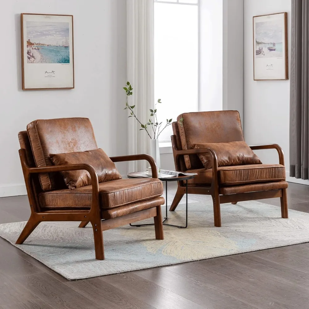 Mid Century Modern Accent Chair Set of 2 Living Room- Comfy Solid Wood Arm Chair with Lumber Pillow Lounge Decorative Brown Leat