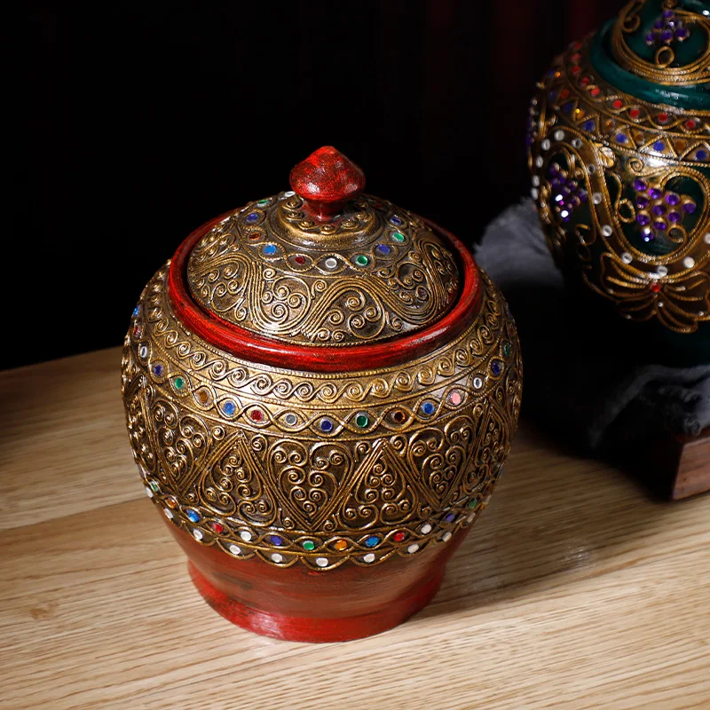 ‌Thai Teakwood Jar with Colored Glass Lid - Handmade Southeast Asian Decor, Boho Living Room Organizer, Kitchen Canister