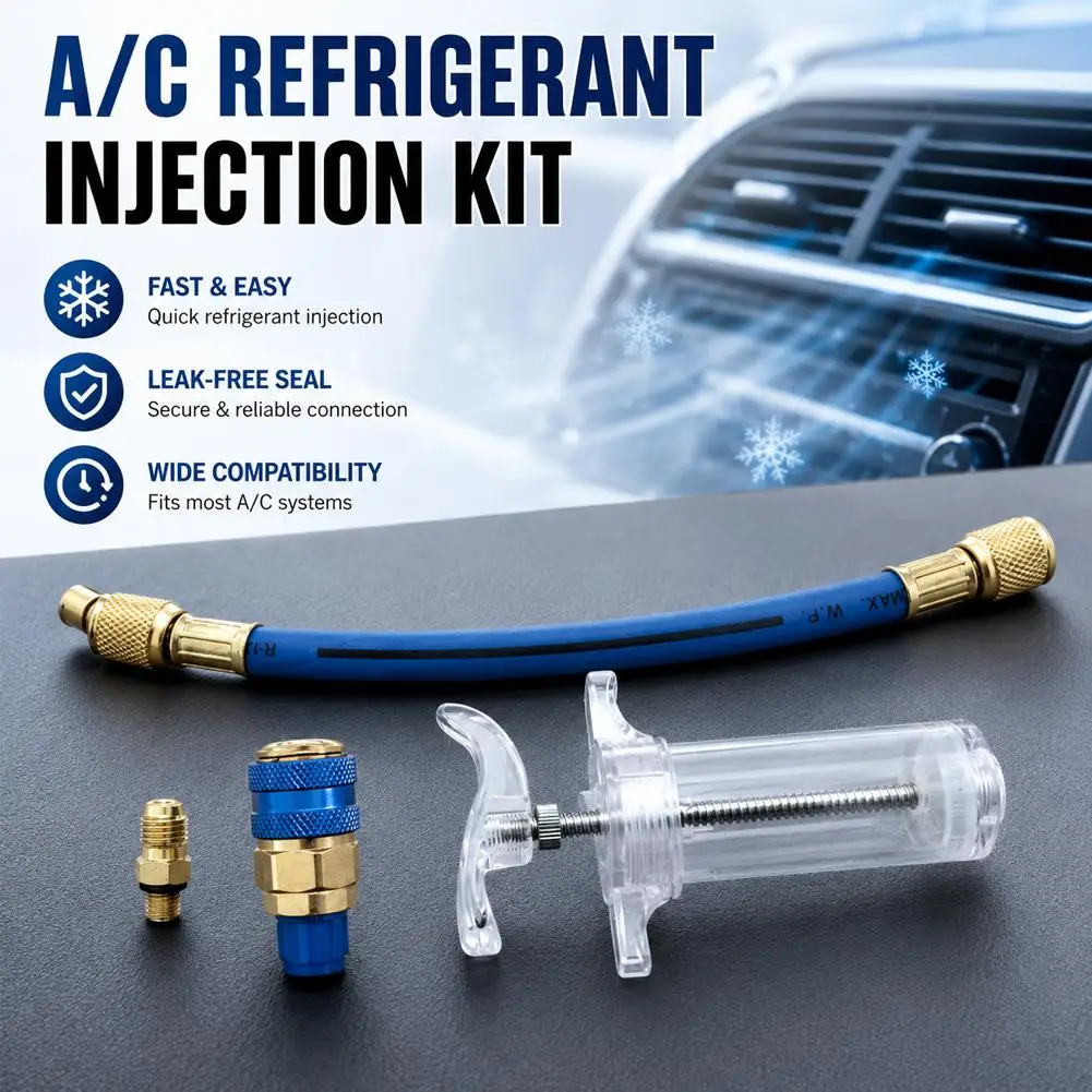 Car A/C Oil And Dye Injector 30ml With R-134a Low Side Quick Coupler Adapter 1/4 SAE, Explosion-Proof Refrigerant Filling Tool