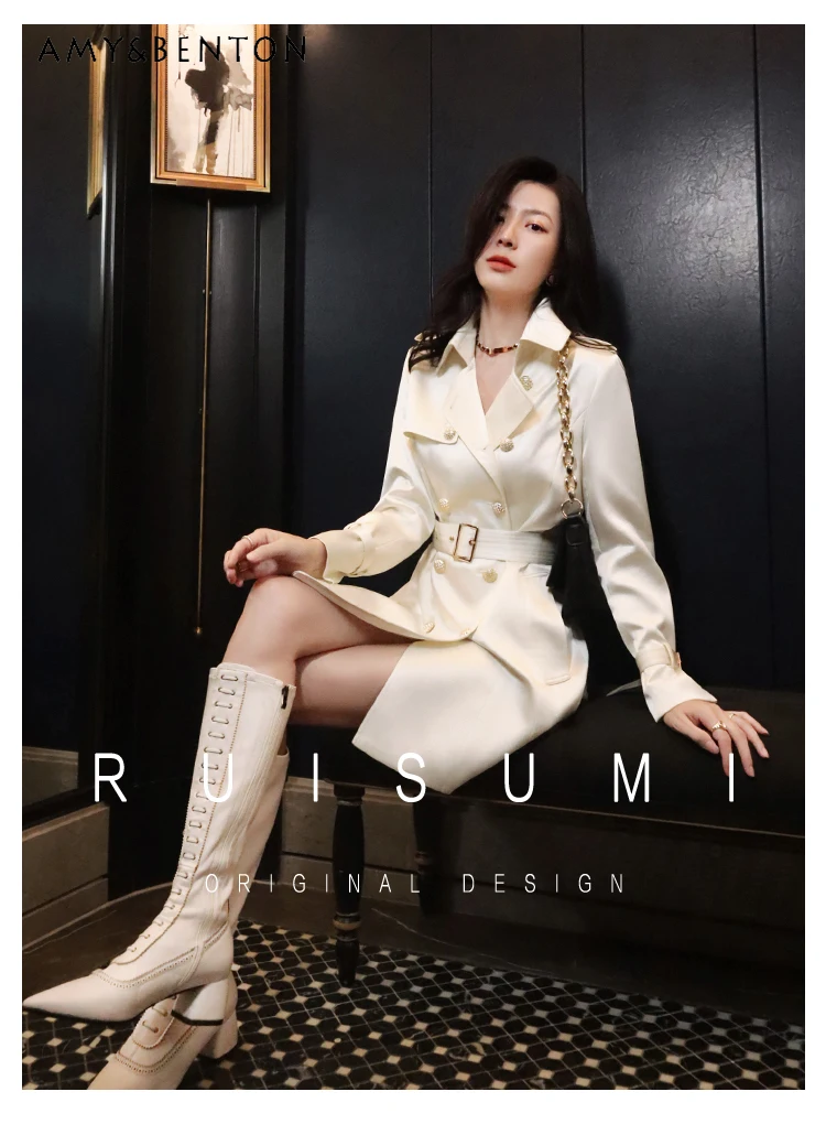 High-Grade White Silk Satin Blazer Collar Jackets Fashion Metal Buckle Midi Lace-up Socialite Temperament Slim Jackets for Women