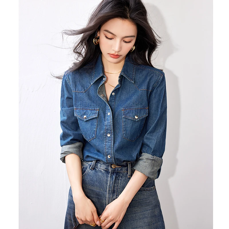 Autumn Women Lapel Button Blue Long Sleeves Denim Jean Shirts Pocket Slim Tops Blouse Blusas Mujer