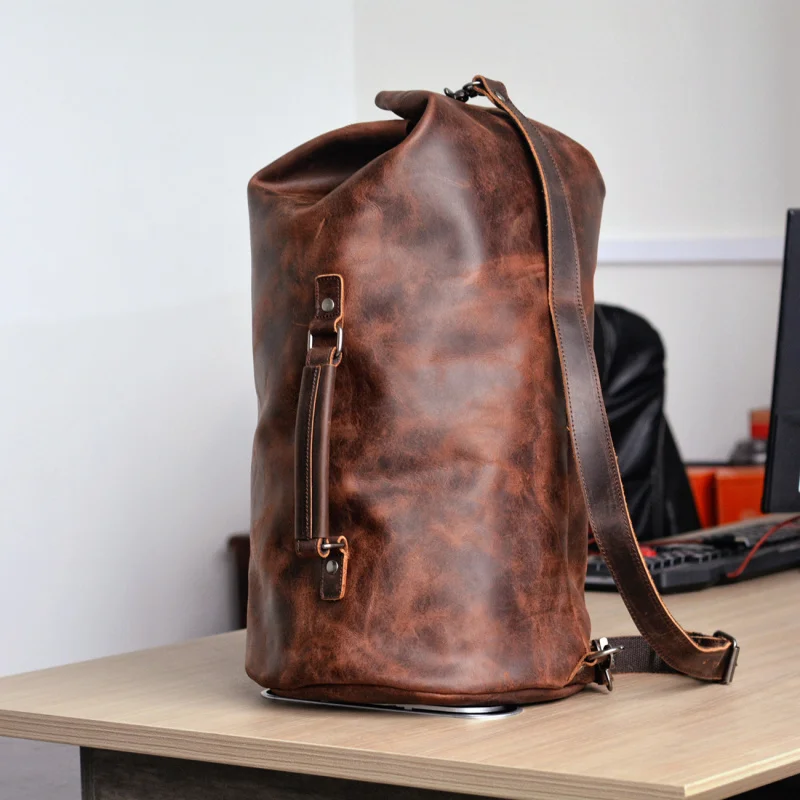 New Genuine Leather Men's Backpack Vintage Outdoor Casual Bucket Bag Large Capacity Travel Backpack Cowhide Mountaineering Bag