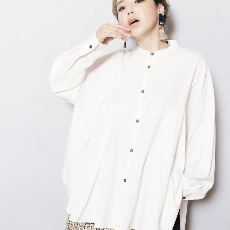 

2025 Spring/summer New Pleated Small Stand Up Collar Long Sleeved Shirt