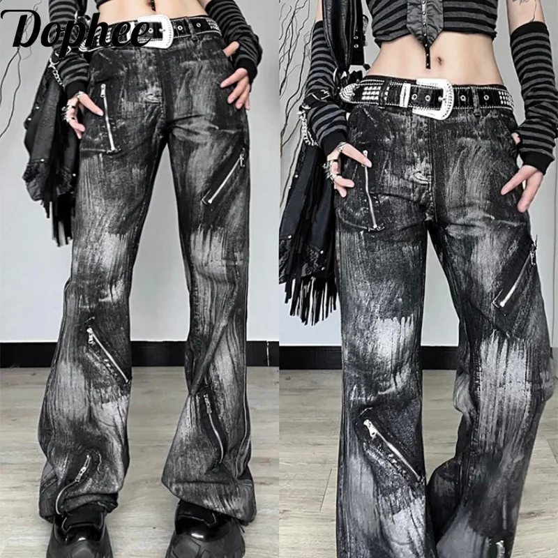 Dophee Gradient Subculture Y2k Women Denim Trousers American High Waist Jeans Street Spice Girls Zip Loose Straight Pants 2024