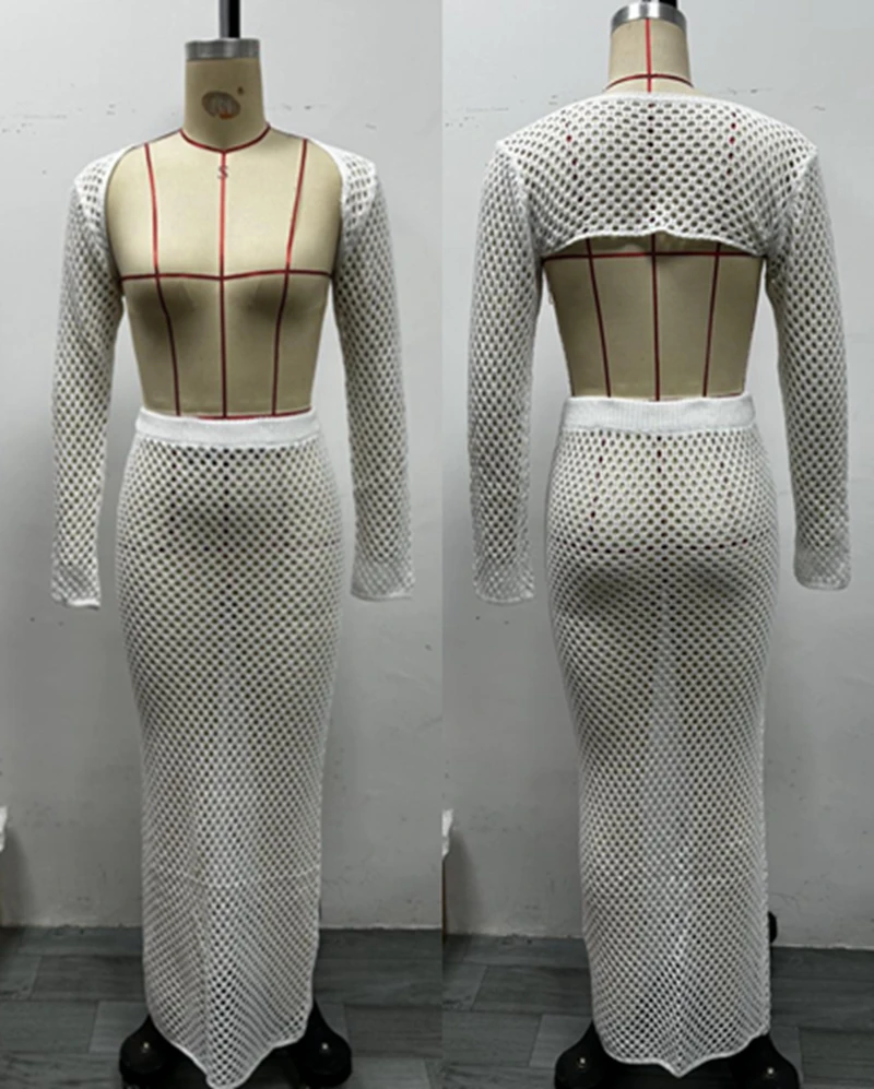 2-teiliges Set für Damen, langärmelig, bauchfreies Top und Röcke, Strickkleid, Bandage-Strandkleid, sexy, durchsichtige, hohle, gehäkelte Bikini-Vertuschungen