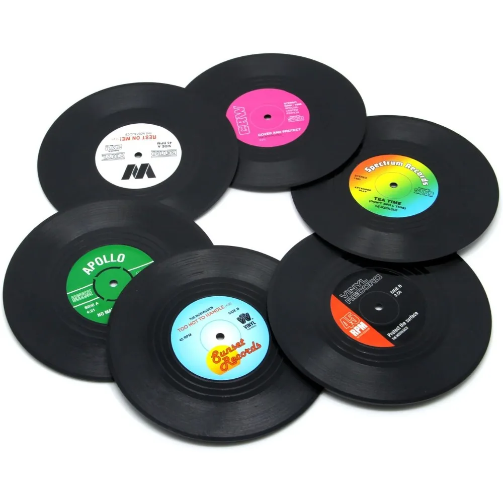 Vinyl Record Coasters Set of 6 for Drink Glasses Absorbent Round Table Protectors Furniture Surface Scratch Water Resistant Bar Home Decor