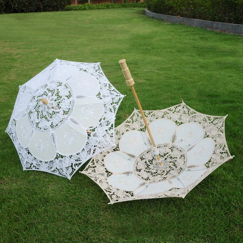 New Wedding Lace Umbrella Cotton Embroidery Bridal Umbrella White Beige Parasol Sun Umbrella For Wedding Decoration Photography