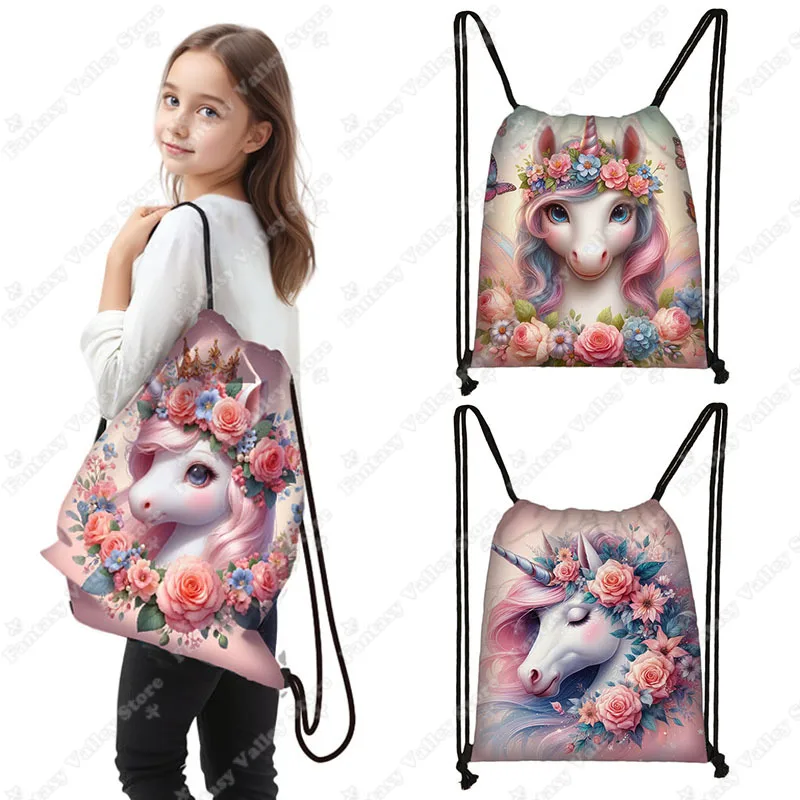 Cute Unicorn Flower Print Drawstring Bag 3D Unicorn Girls Crossbody Bag Children School Backpacks Storage Bags for Travel Gift