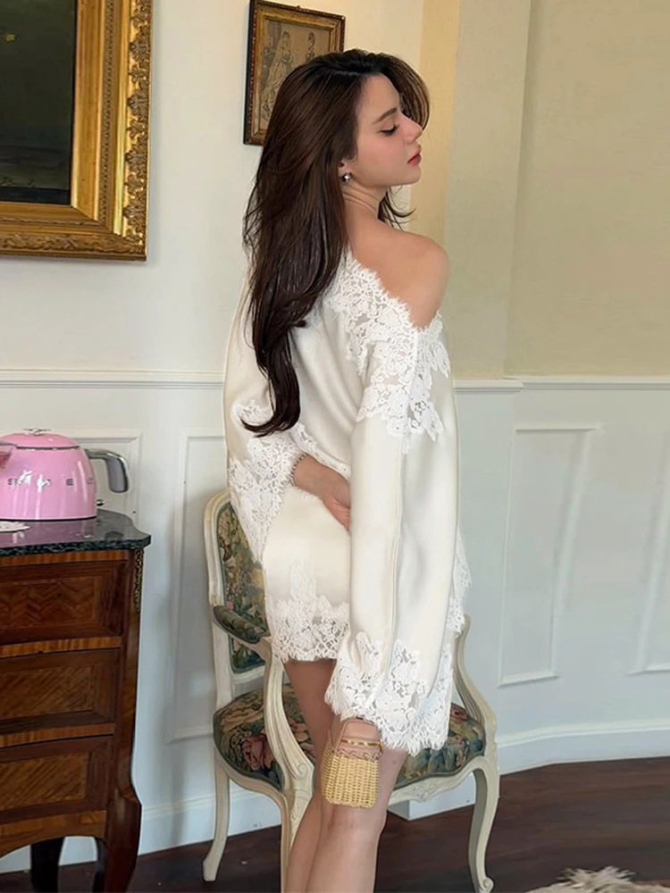 Sexy Lace Patchwork Shirt Skirts Set Women Full Sleeve Slash Neck Loose Top Mini Skirt Set Female 2026 Summer Lady Outfits New view 5