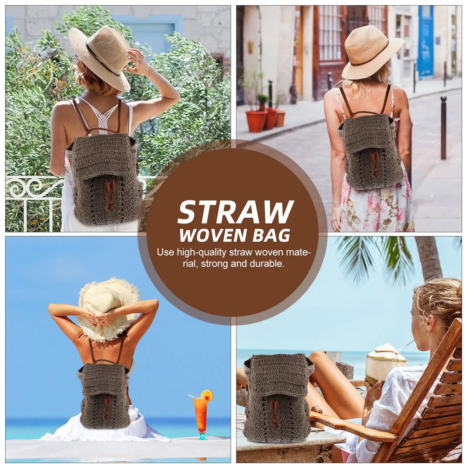 1Pcs Straw Woven Bag Moderate Size Drawstring Storage Shoulder Bag for Daily Outdoor Beach Trip Summer Fashion Backpack