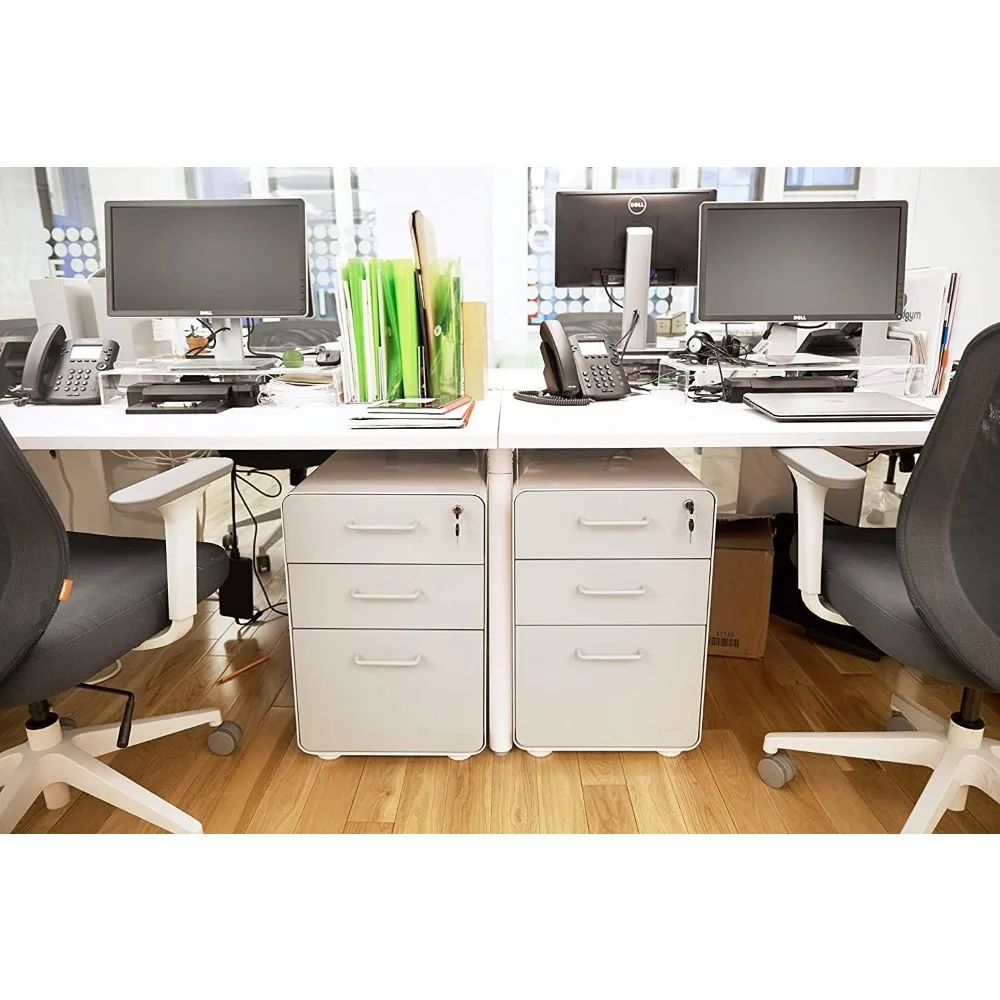 3-Drawer Rolling File Cabinet - White. 2 Utility Drawers and 1 Hanging File Drawer. Two Locking and Two Non-Locking Wheels