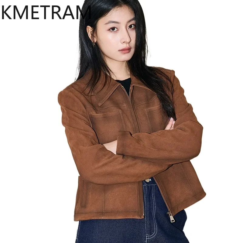 Real Goat Skin Suede Leather Jacket Women Vintage Short Jackets 2024 New in Outerwears Autumn Winter Clothes куртка женская