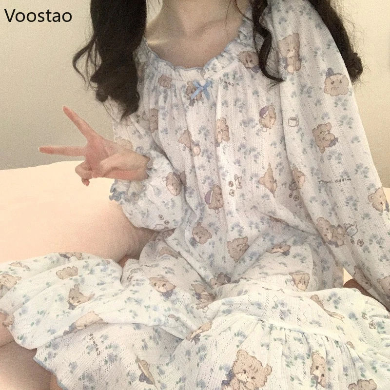 Sweet Lolita Style Princess Nightdress Bow Long Sleeve Pajamas Mini Dress Women Cute Cartoon Bear Print Cotton Kawaii Sleepwear