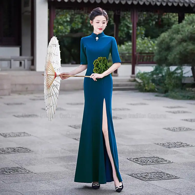 2025 عرض مسرحي جديد تشيباو حجم كبير 3Xl 4Xl 5Xl Chesongam سيدة مثير سبليت النمط الصيني فستان قصير الأكمام Vestidos رداء ثوب #3