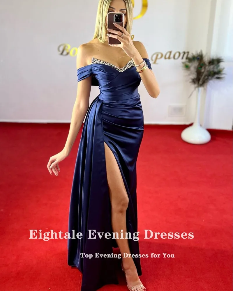 Eightale Navy Blue Evening Dress for Wedding Party V-Neck Beaded off Shoulder Mermaid Arabic Slit Customized Formal Prom Gowns