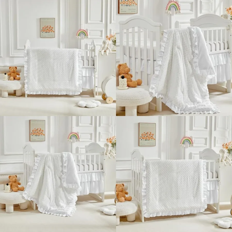 

3 Pieces Tufted Crib Bedding Set with Ruffle Fringe, Ruffled Comforter with Fitted Sheet and Bed Skirt, Soft and Embroidery Sha