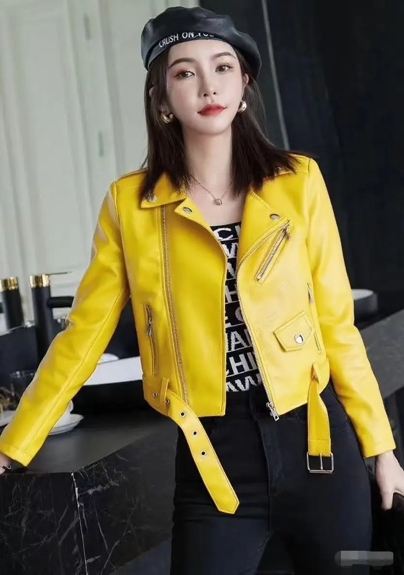Women PU Faux Leather Jacket Turn-down Collar Zipper Solid Color Motorcycle Coat Long Sleeves Female Outerwear Lady Clothing