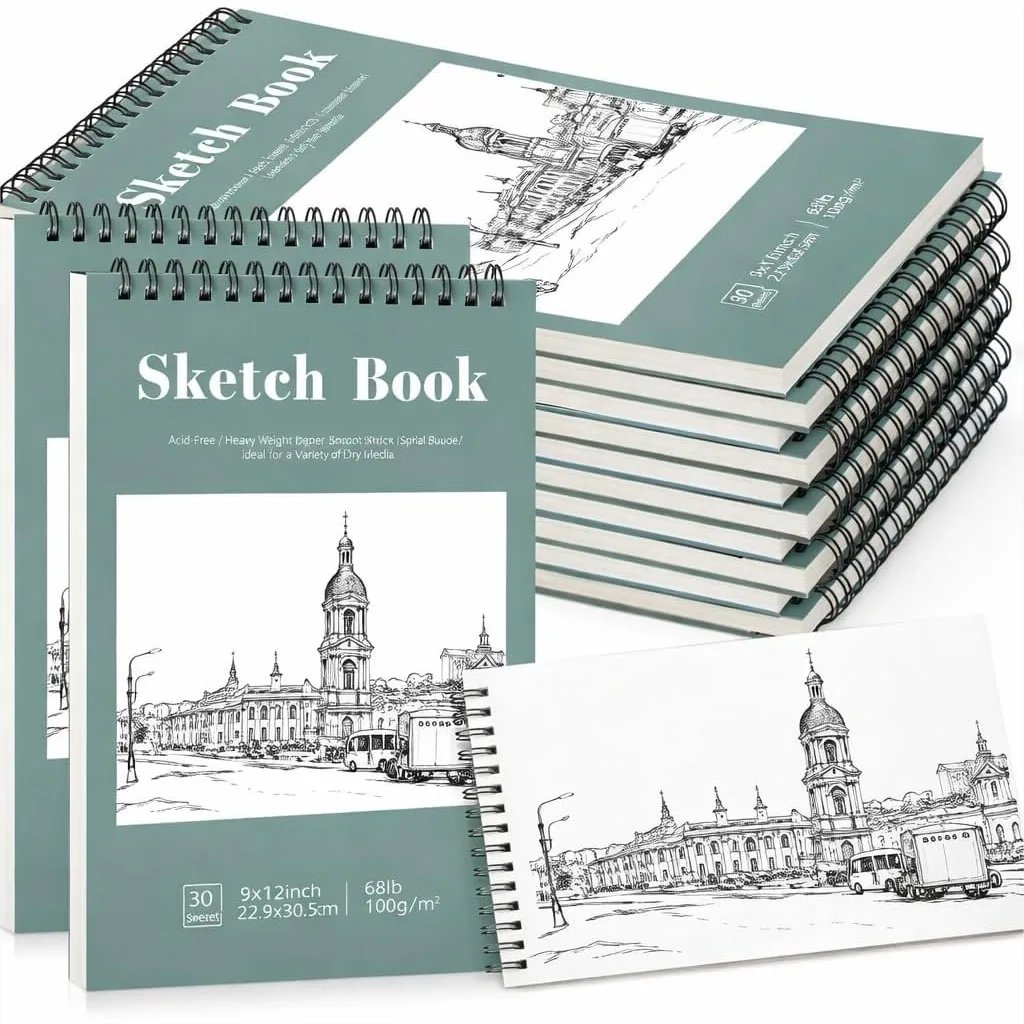 

12 Pack Sketch Book, 9x12 Inch Sketchbook, 68lb/100gsm Top Spiral Bound Sketch Pad, Acid Free Art Supplies Drawing Painting