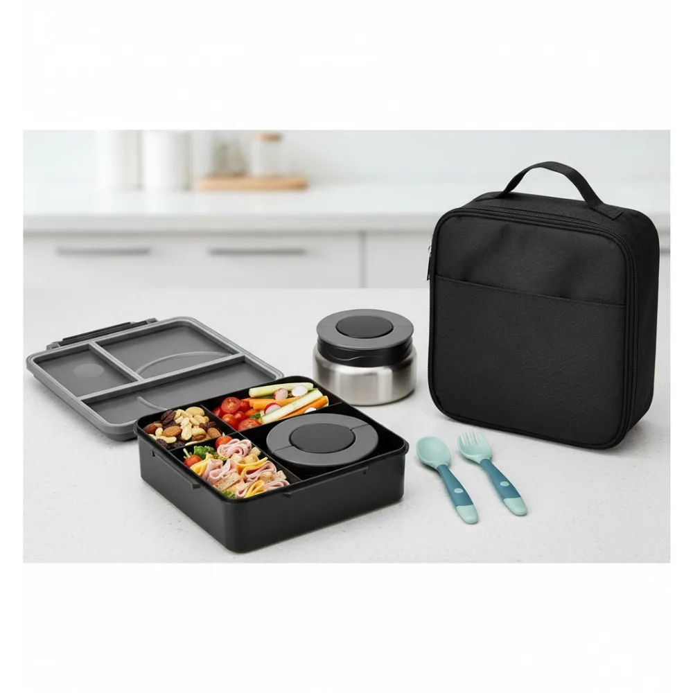 

Детский ланч-бокс Bento с термо-изготовителем емкостью 8 унций, герметичными контейнерами, изолированной сумкой для школы - черный