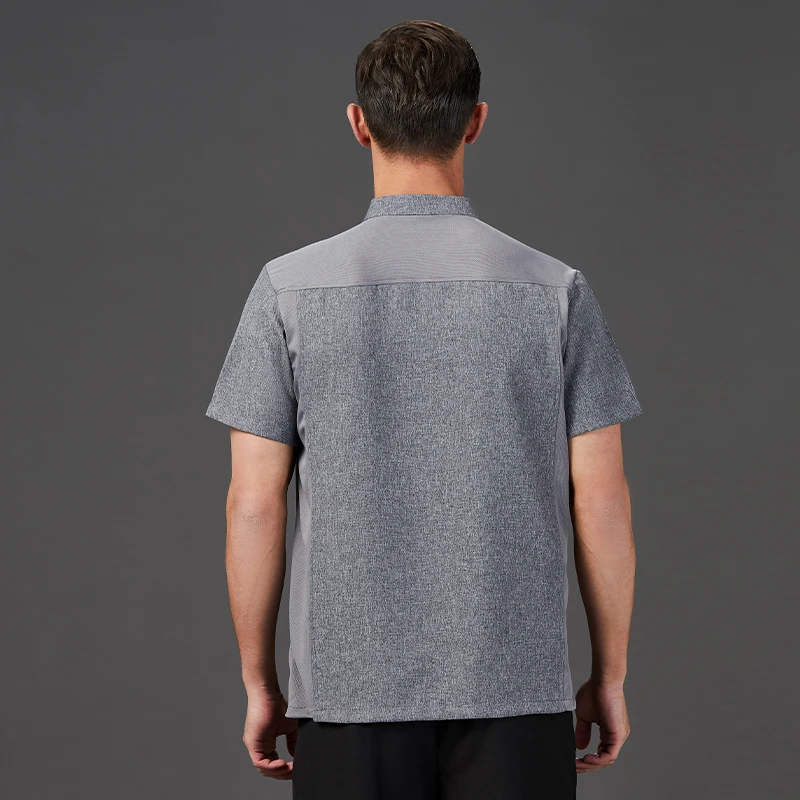 グレーのコットンとリネンのシェフ服キッチンジャケットケータリングユニフォームホテル寿司コックシャツレストラン作業服ベーカリースタッフトップス