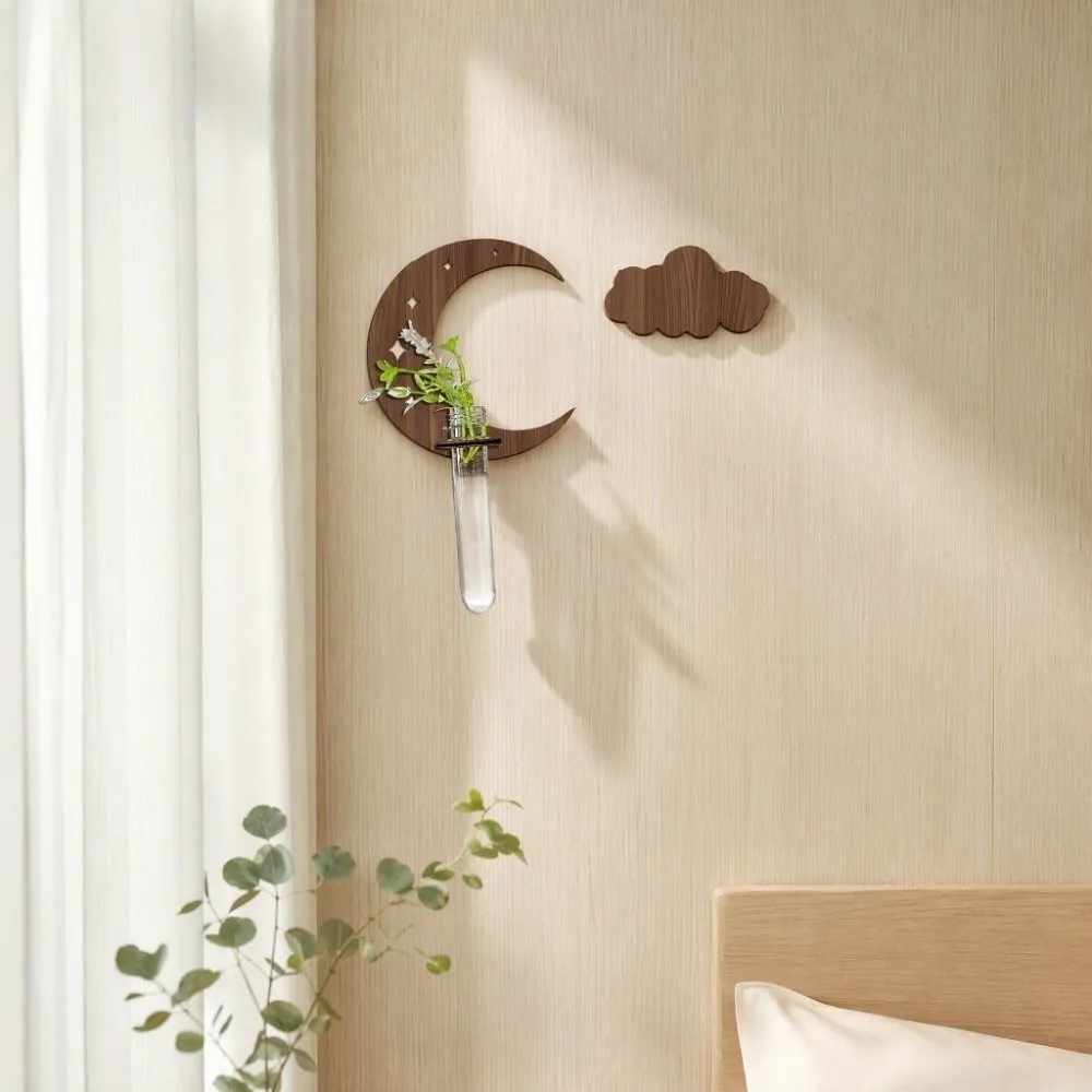 Wooden Lantern Planter Holder Home Ornaments Moon and Clouds Wall Decoration Vase Retro Wall Mounted