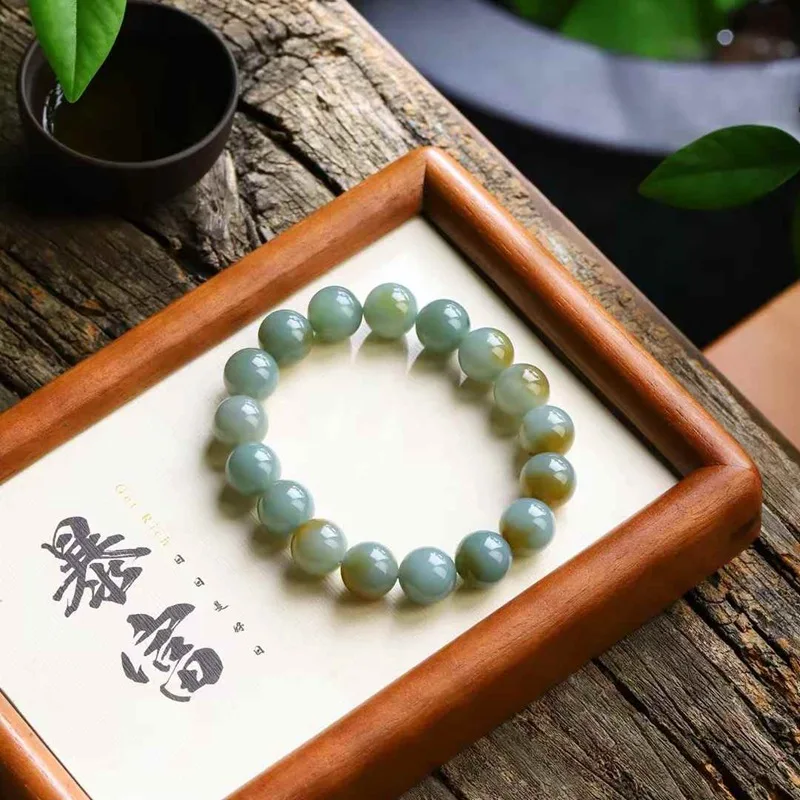 Natural Hetian Qie Mo Old Material Floating Sugar Color Bead Round Jade Smooth Bracelet With Certificate