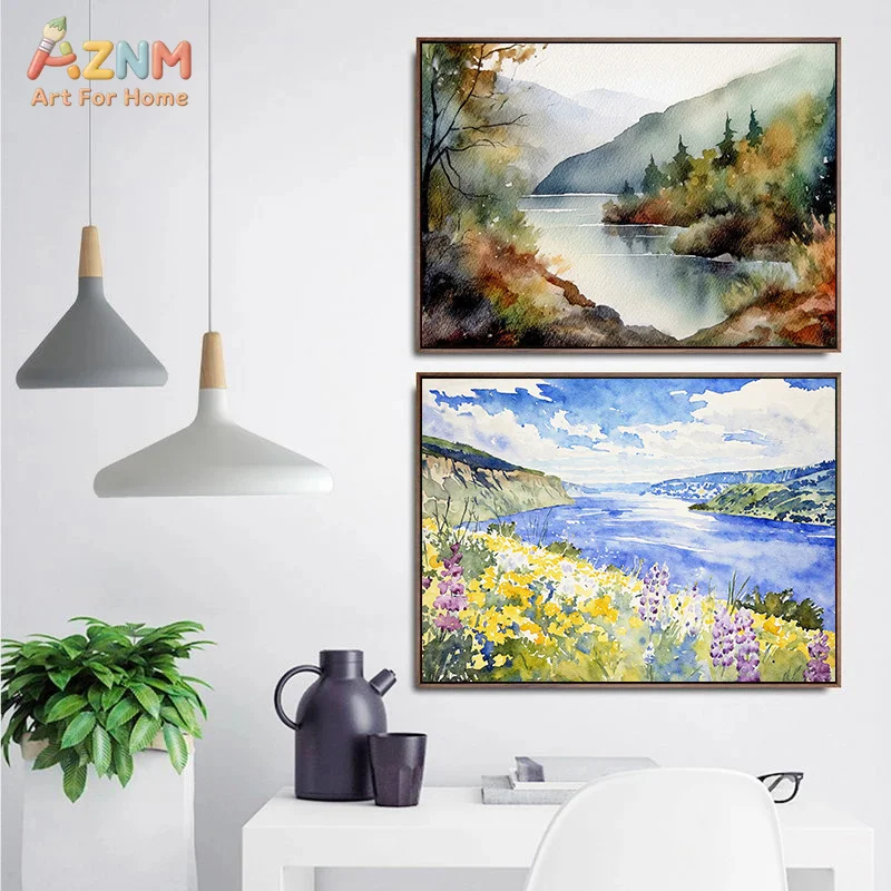 AZNM Soft Watercolor Mountain Forest River Canvas Poster Frameless Wall Art Misty Waterfall Nature Scenery Print For Living Room