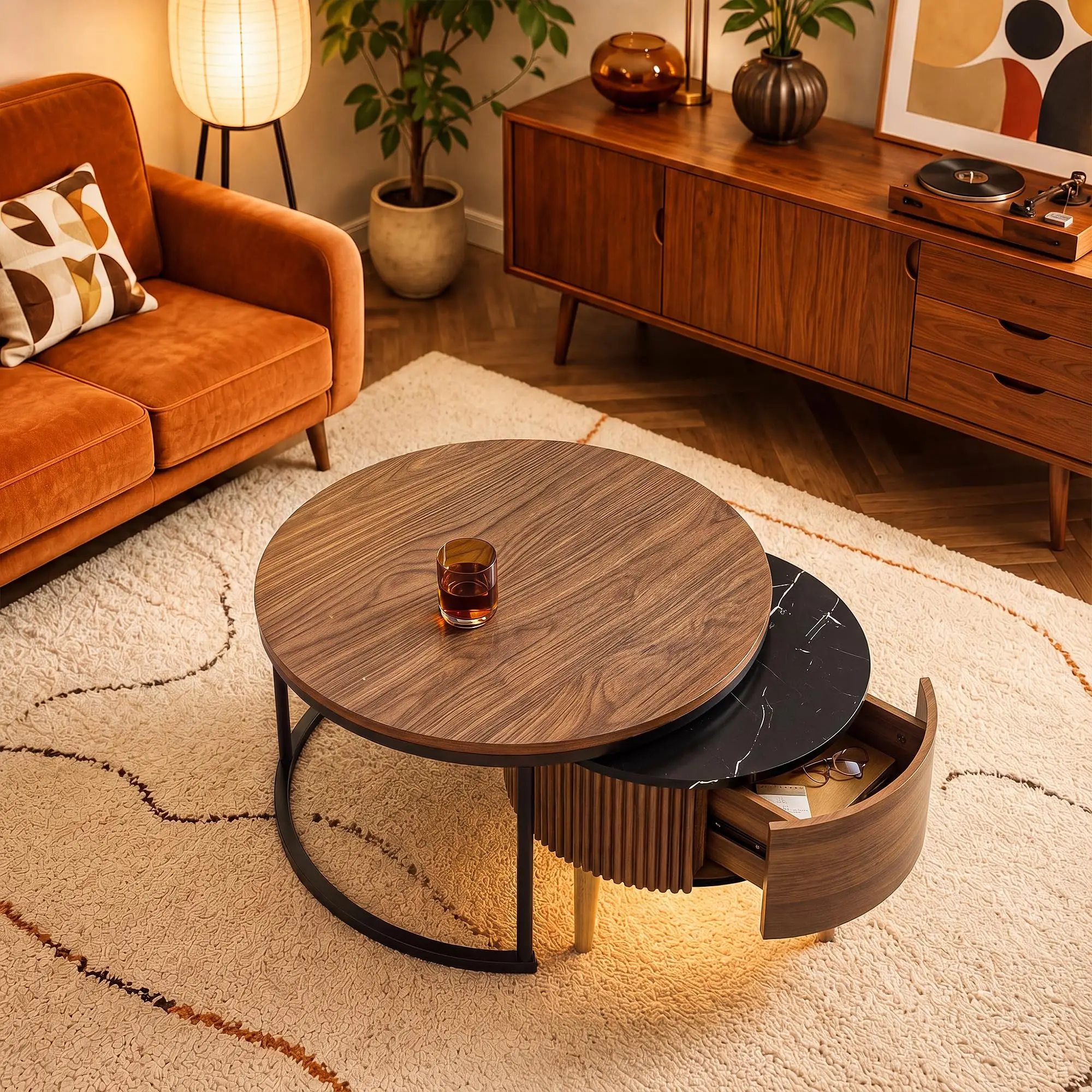 Mid Century Modern Nesting Coffee Table, Walnut & Marble Top