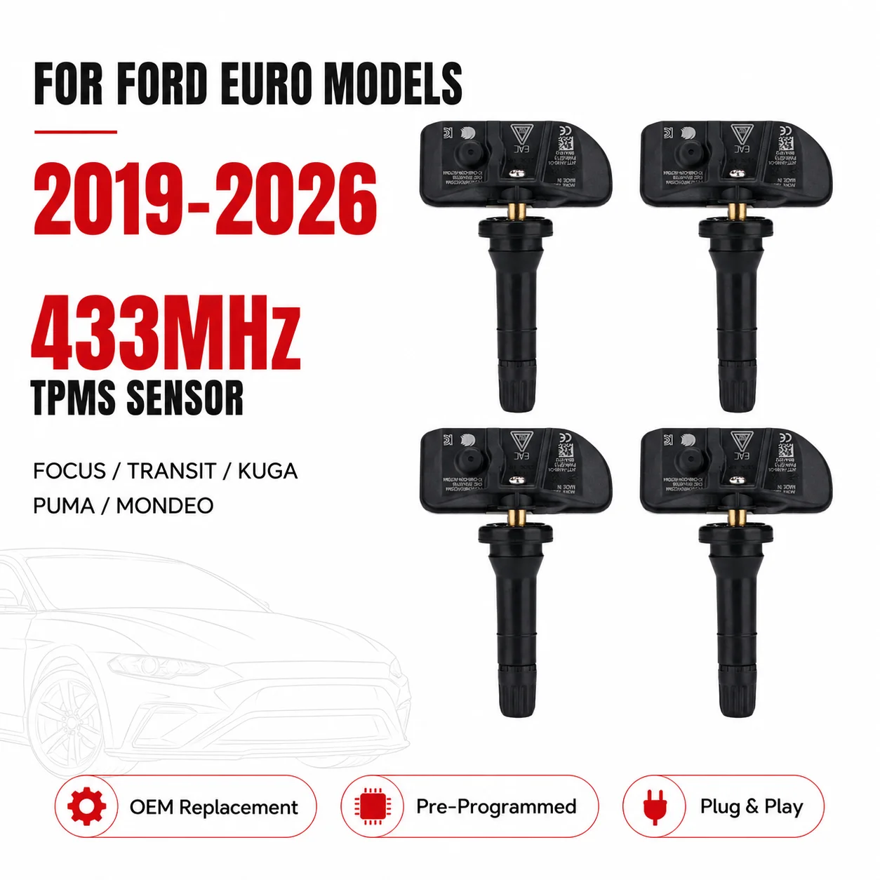 

1/4 Pcs 433MHz TPMS Sensor For Ford Focus Transit Kuga Puma Mondeo 2019-2026 JX7T1A180CA